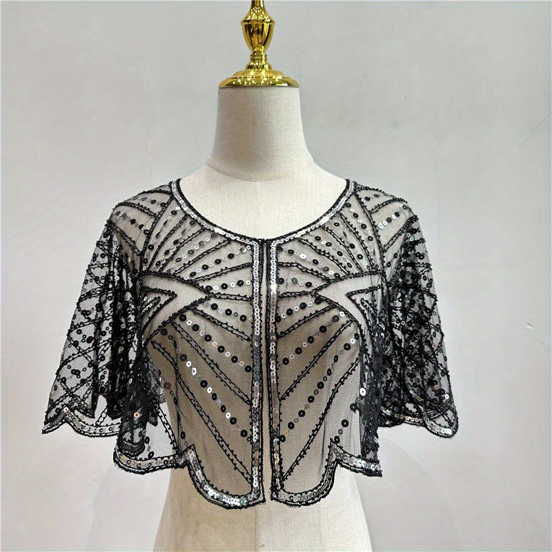 Sequin Embroidery Lace Shawl Sparkly Cape Breathable Mesh Short Cardigan