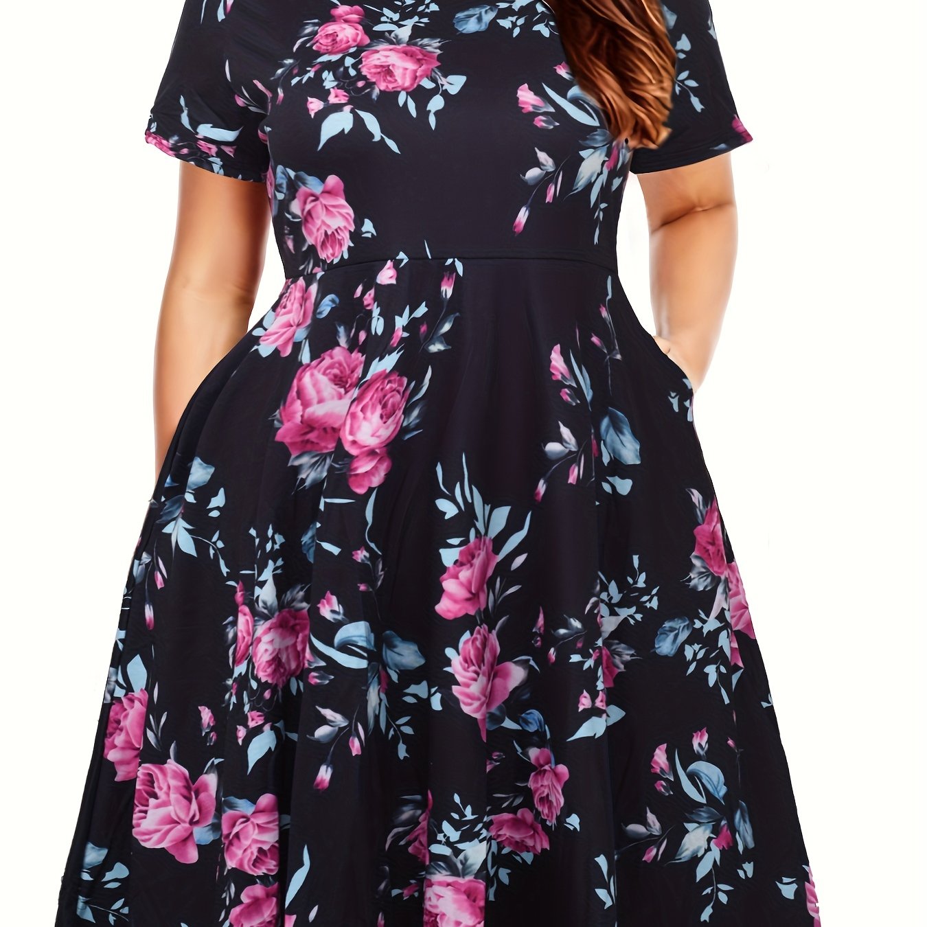  Floral Print Short Sleeve Casual Dress With Pockets