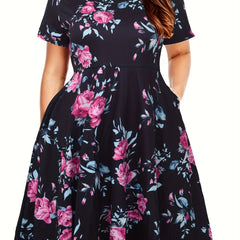  Floral Print Short Sleeve Casual Dress With Pockets