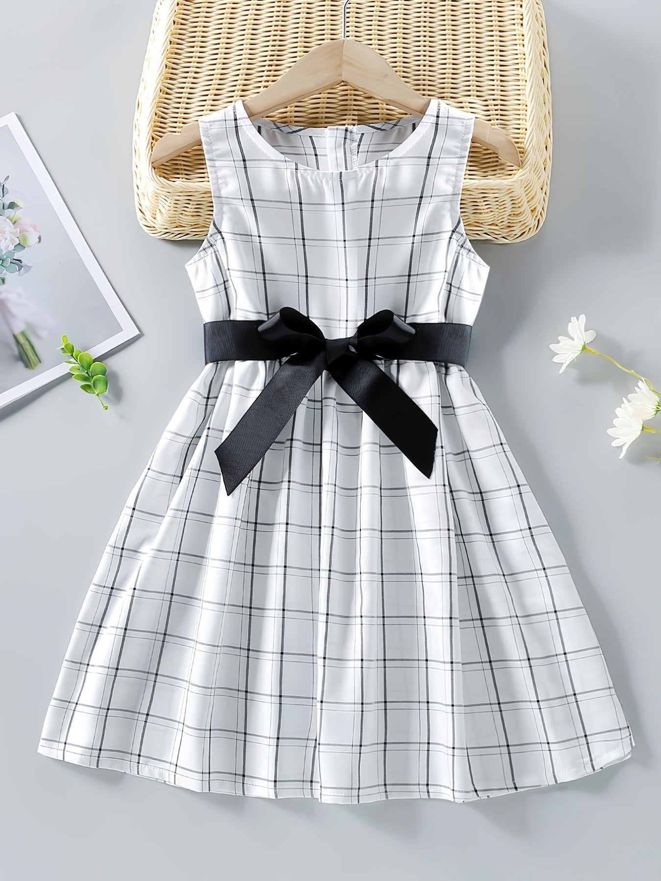 Girls Plaid Sleeveless Dress with Bow Belt