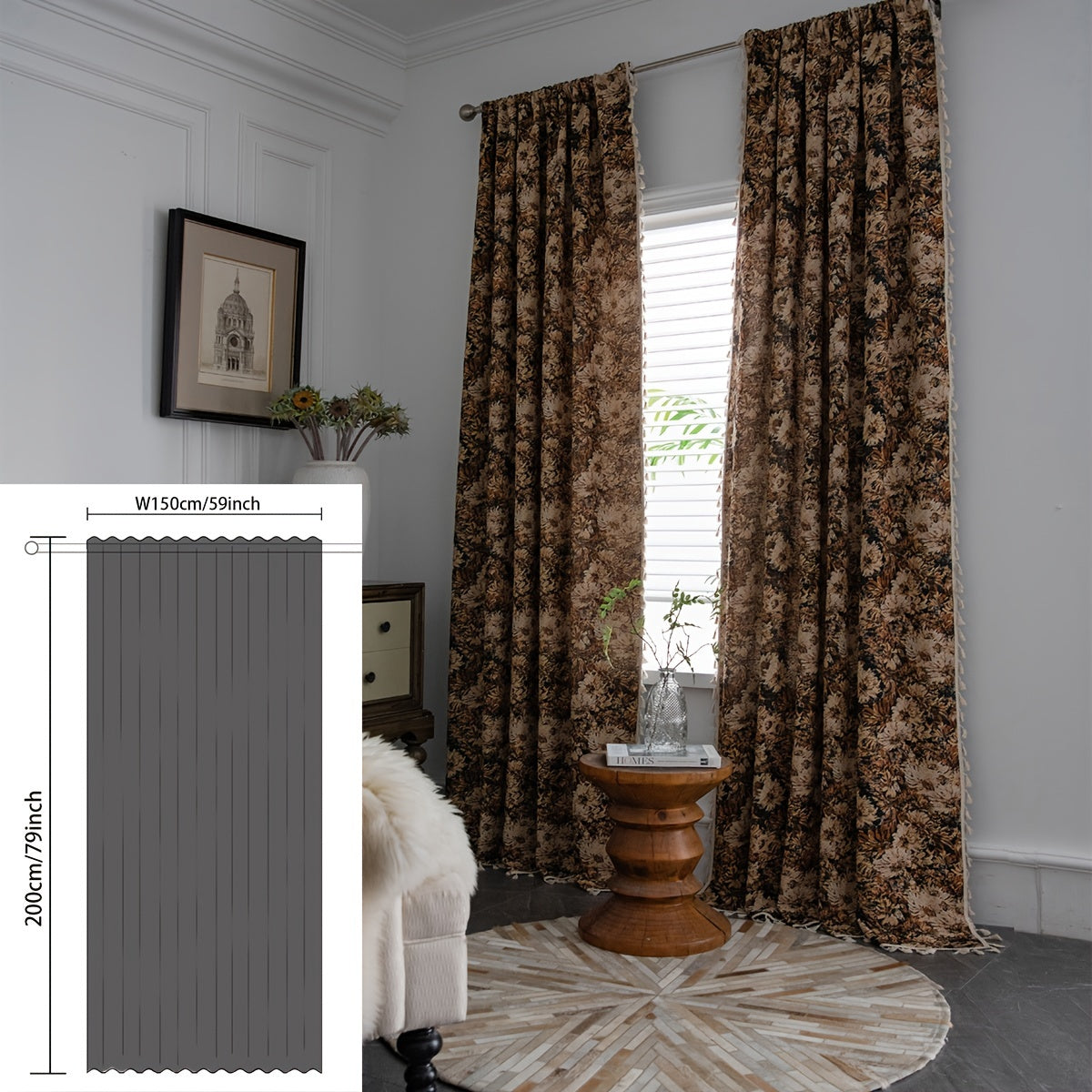 Rustic Coffee Flowers Curtain with Tassels