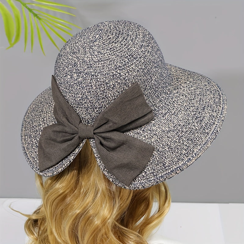 Bowknot Ponytail Sun Hat Straw Plaid Basin Hat
