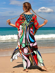 Colorful Abstract Art V Neck Cover Up Dress Kaftan
