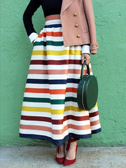  Boho Skirt Colorful Stripe Print High Rise Maxi Skirt With Pockets