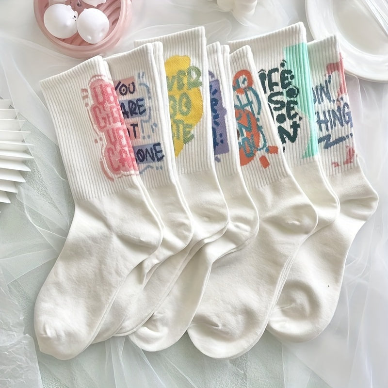 7 Pairs Letter Print Socks Comfy & Breathable Mid Tube Socks