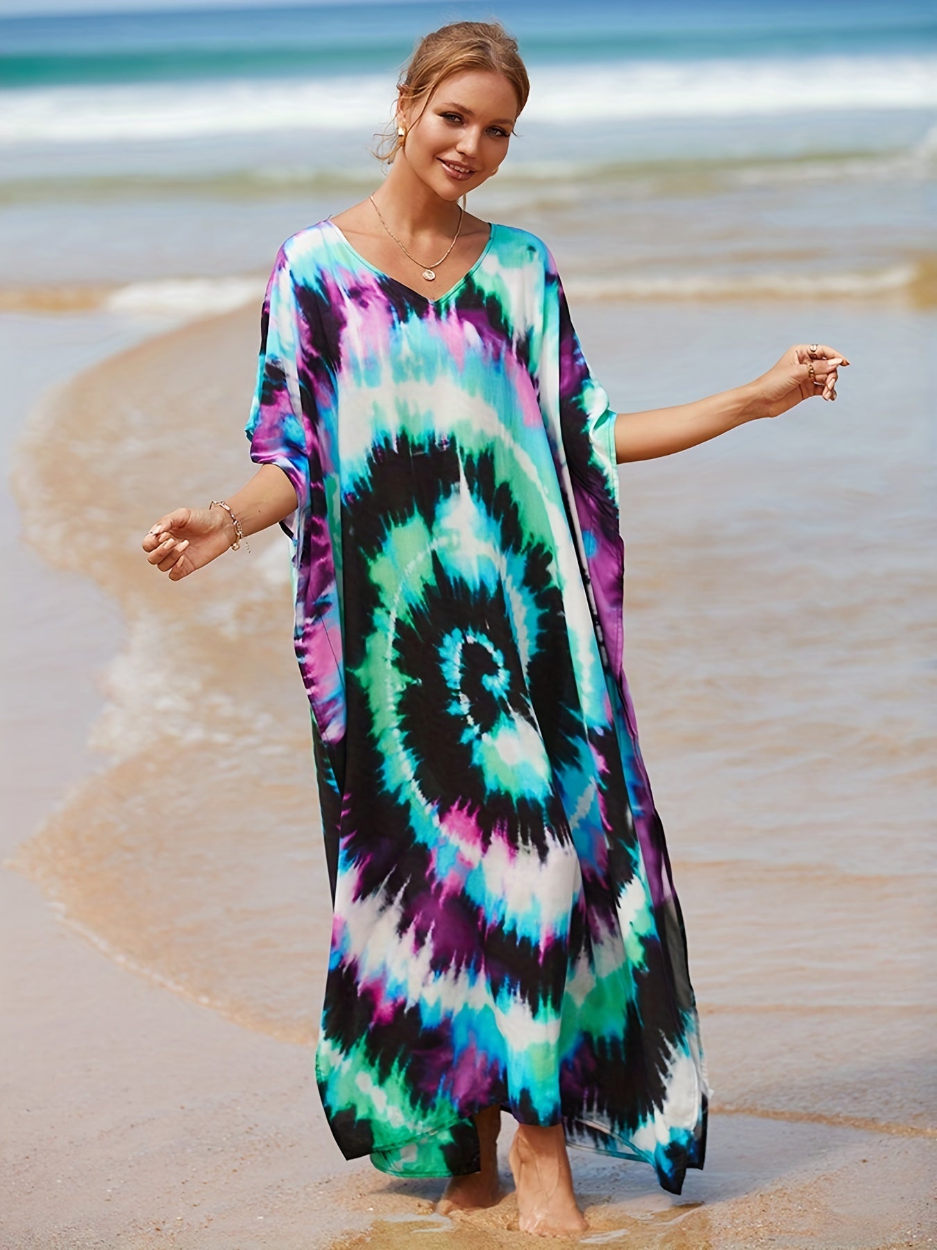  Tie Dye Bat Sleeve V Neck Cover Up Dress