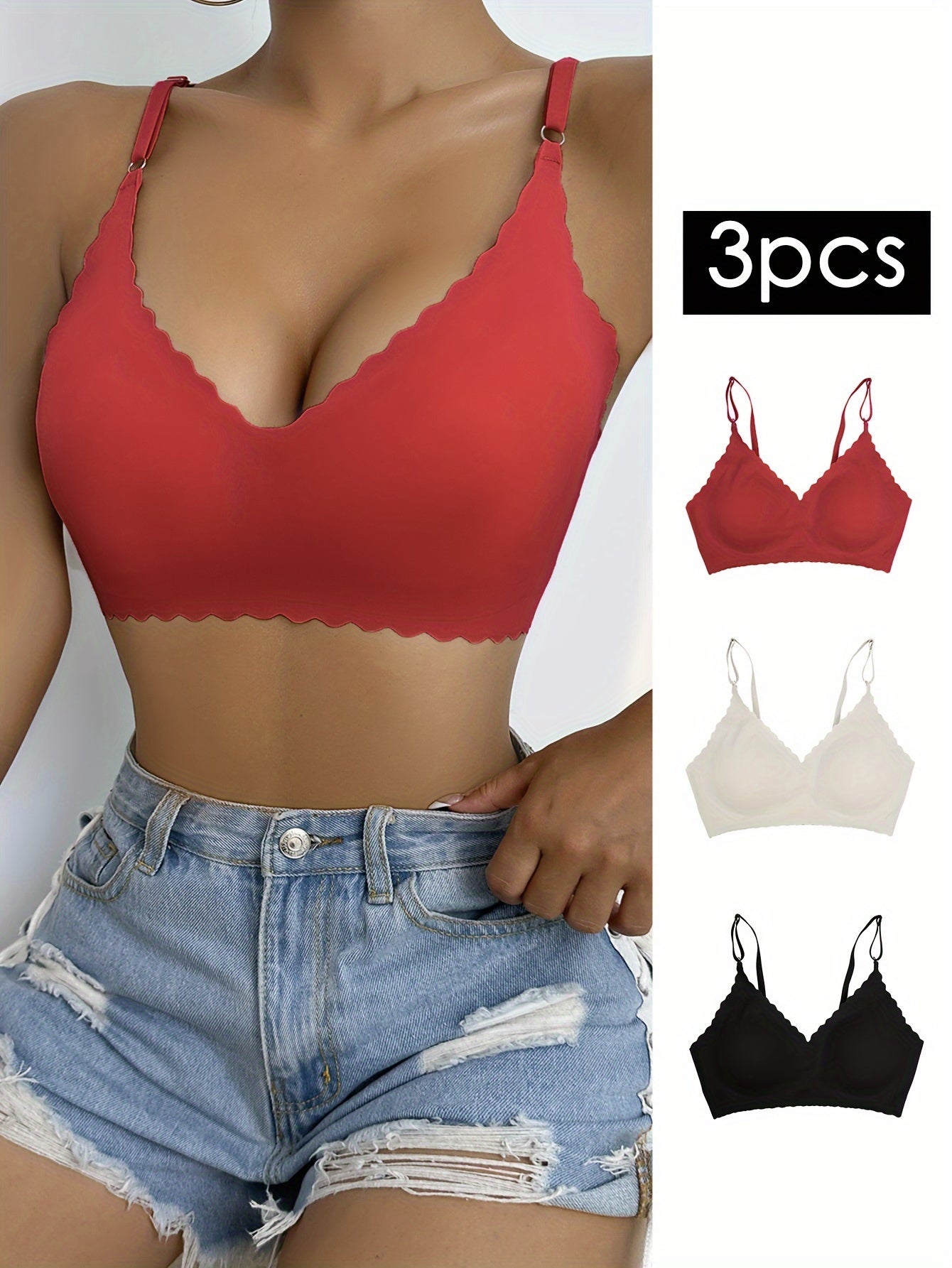 3pcs Wavy Trim Seamless Bralettes Wireless Intimates Bras