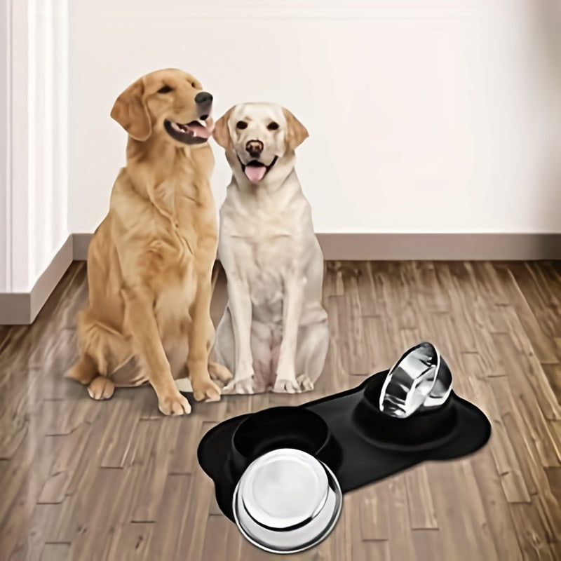 Stainless Steel Double Dog Bowl with No Spill Silicone Mat