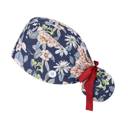Cartoon Rose Print Work Cap Scrub Cap Adjustable Nurse Hats Elastic Lace Up Cap