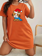  Christmas Cat Print Lounge Dress with Santa Hat
