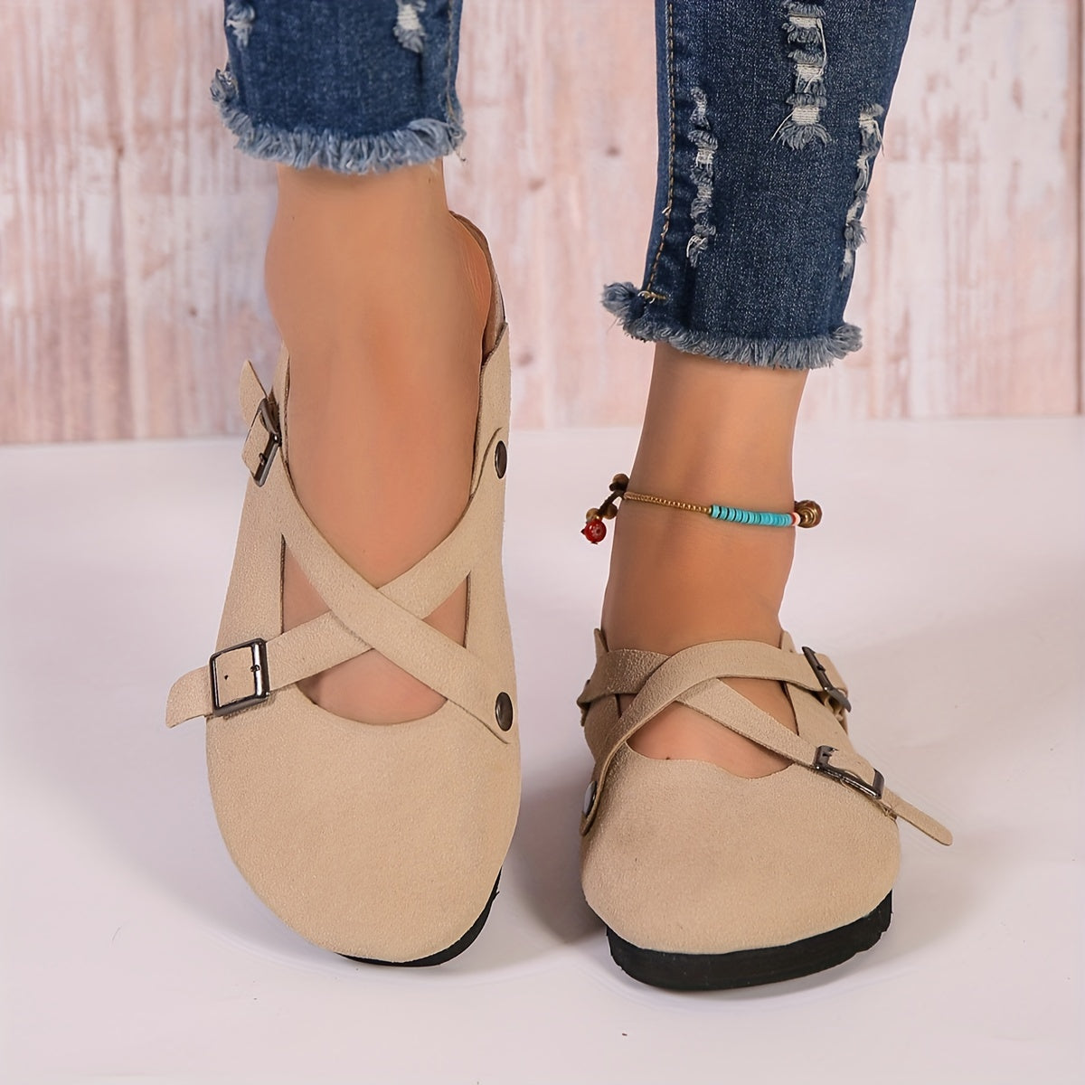 Women's Cross Buckle Strap Mules Casual Slip On Flat Shoes