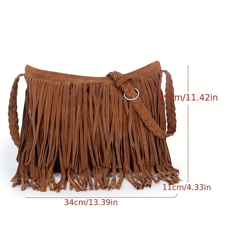 Fringe Solid Shoulder Bag Braided Strap Suede Stylish Crossbody Bag Zipper