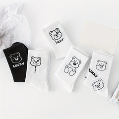 5 Pairs Cartoon Bear Print Comfy Socks Women's Stockings & Hosiery