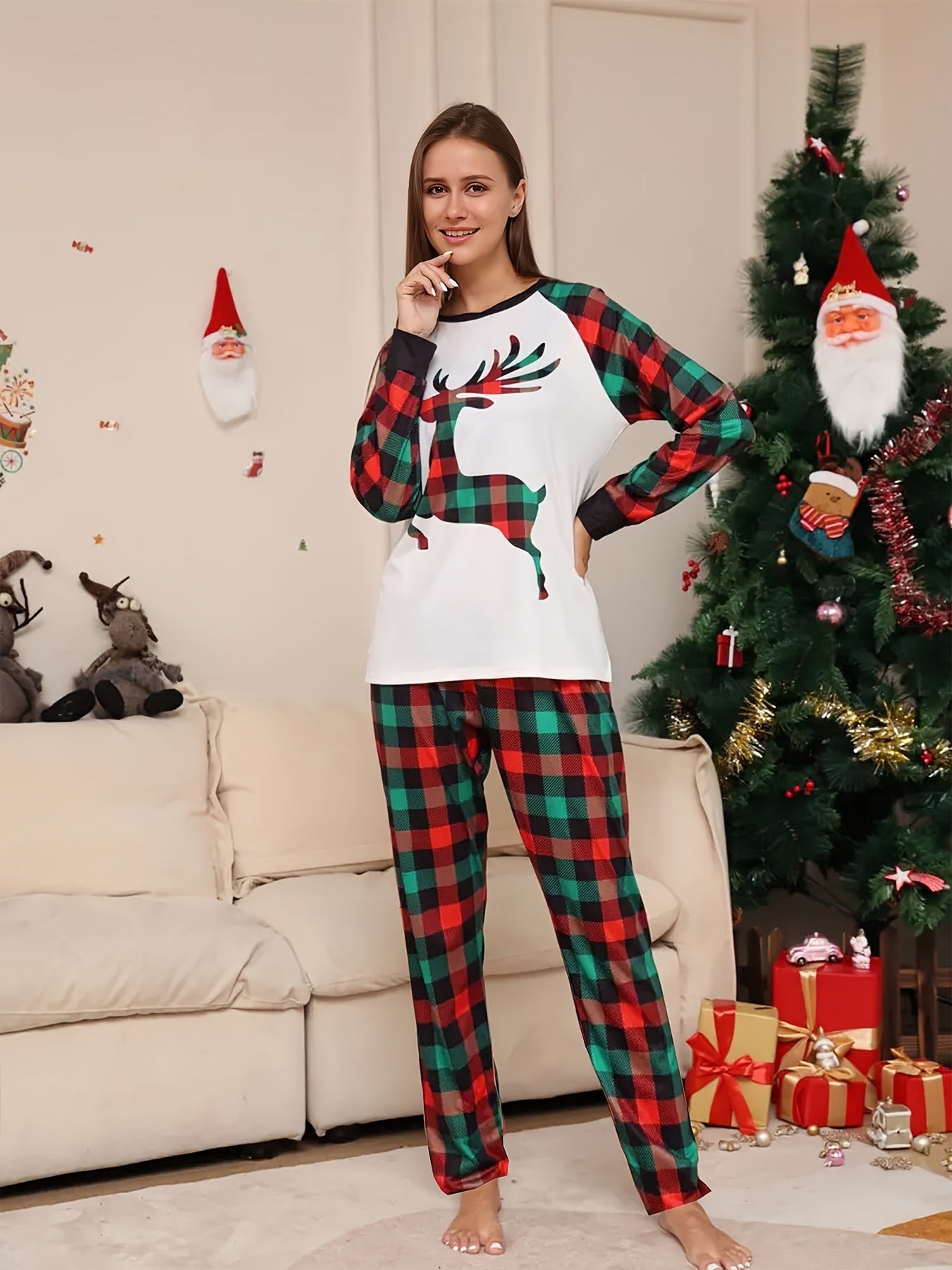 Christmas Elk Print Lounge Set Crew Neck Top & Plaid Pants Women's Loungewear