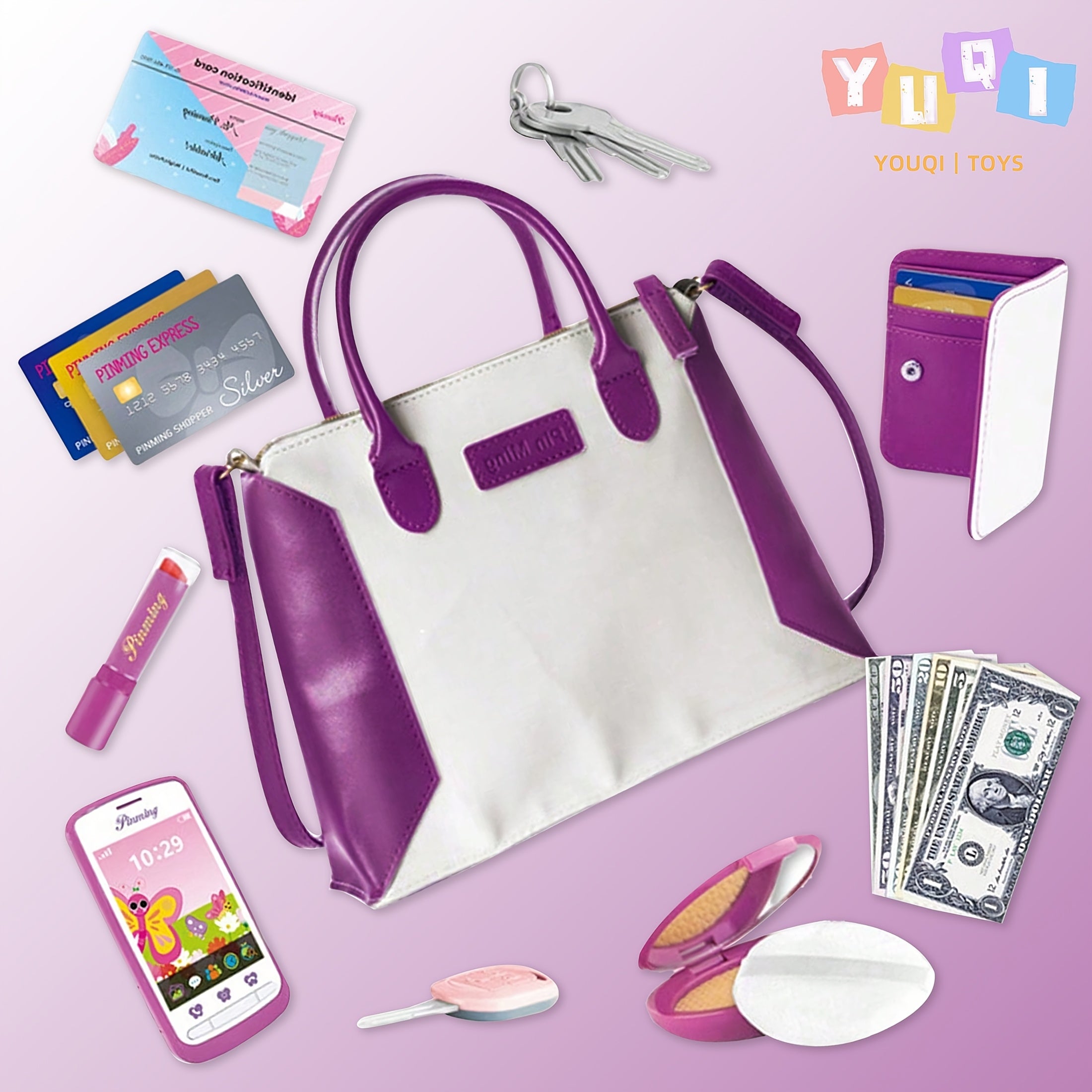 Kids Pretend Play Wallet Handbag Keychain Phone Toy Set