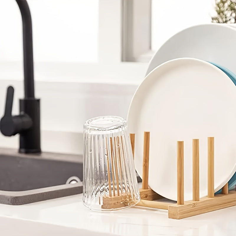 Bamboo Kitchen Organizer Plate Bowl Cup Pot Lid Cutting Board Drain Rack