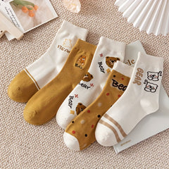 5 Pairs Cartoon Bear Print Socks Women's Mid Tube Stockings