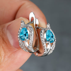 Multicolor Zirconia Stone Hoop Earrings, Leaf Crystal Silver Wedding Jewelry