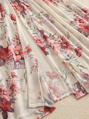 Floral Print Mesh Night Robe Long Sleeve V Neck Robe With Belt