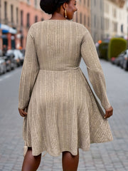  Ribbed Long Sleeve Round Neck Knee Length Dress