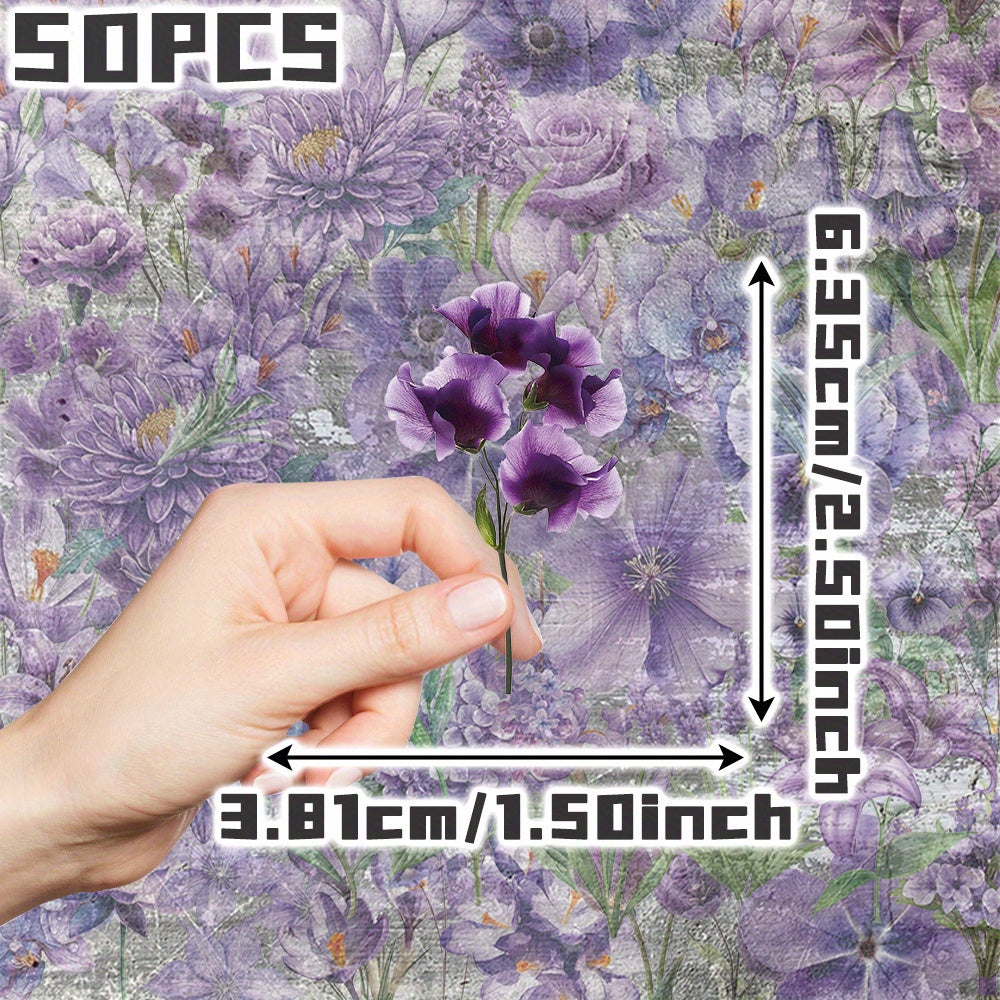 50pcs Purple Floral Stickers Transparent Shapes Self Adhesive Deca