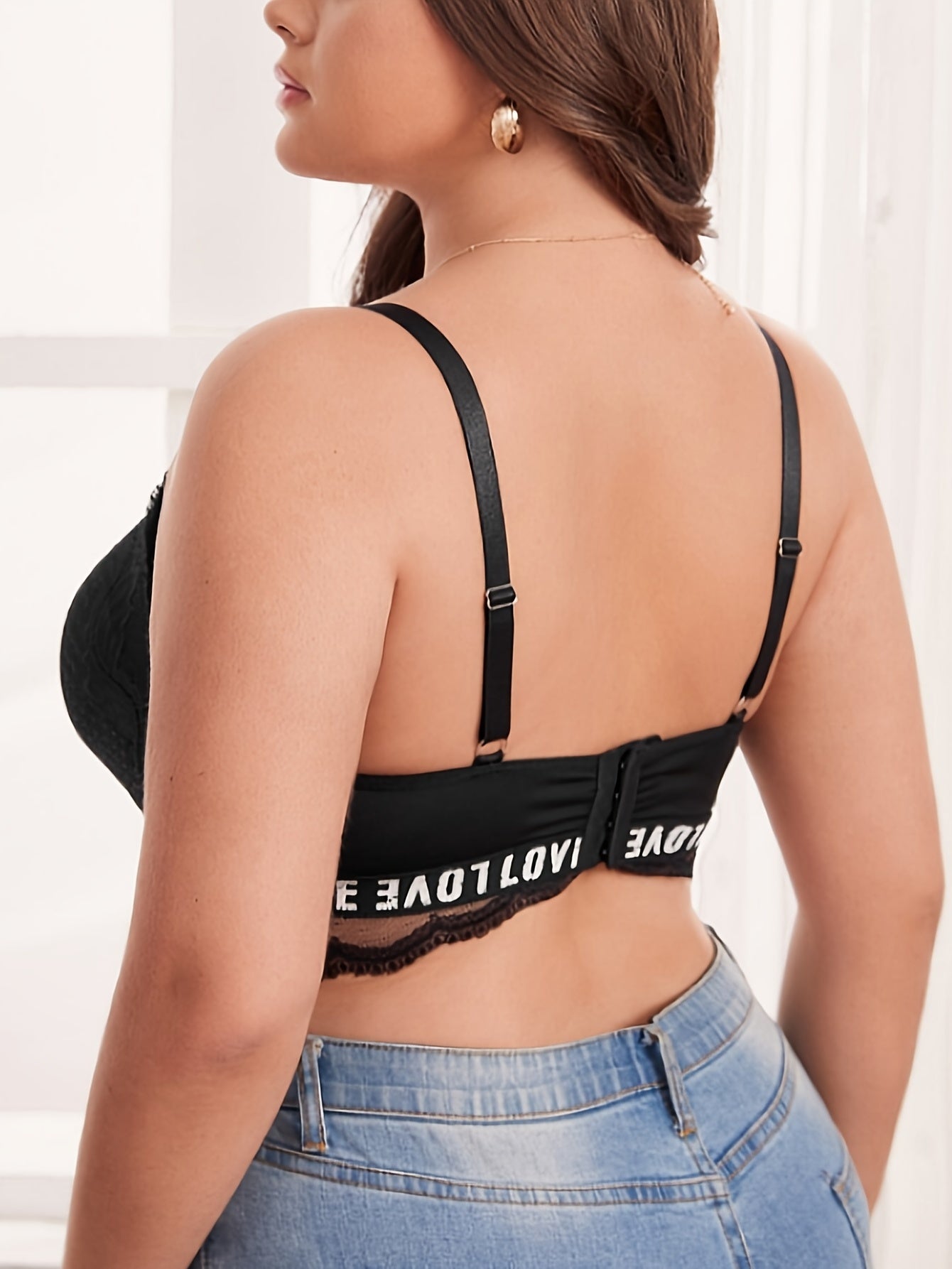  Sexy Bra Women's Plus Solid Contrast Lace Trim Letter Tape Bra