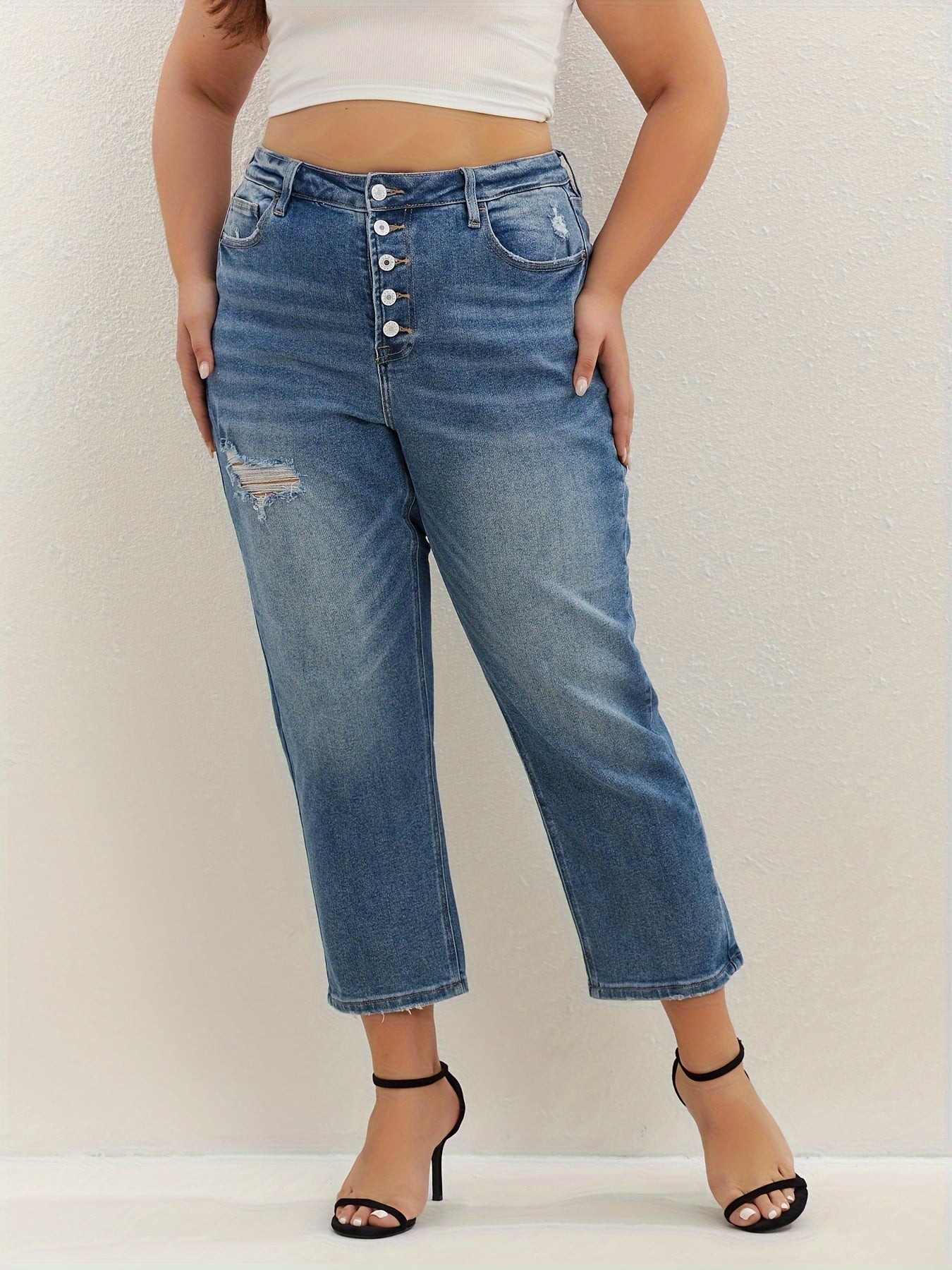  Ripped Button Up High Rise Crop Jeans
