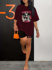  Halloween Casual Outfit - Horror Cartoon Top & Biker Shorts Set