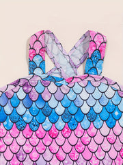 Girls One Piece Swimsuit Fish Scale Print Cross Strap Dress