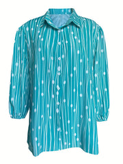  Boho Blouse Women's Plus Dot & Stripe Print Half Sleeve Button Up