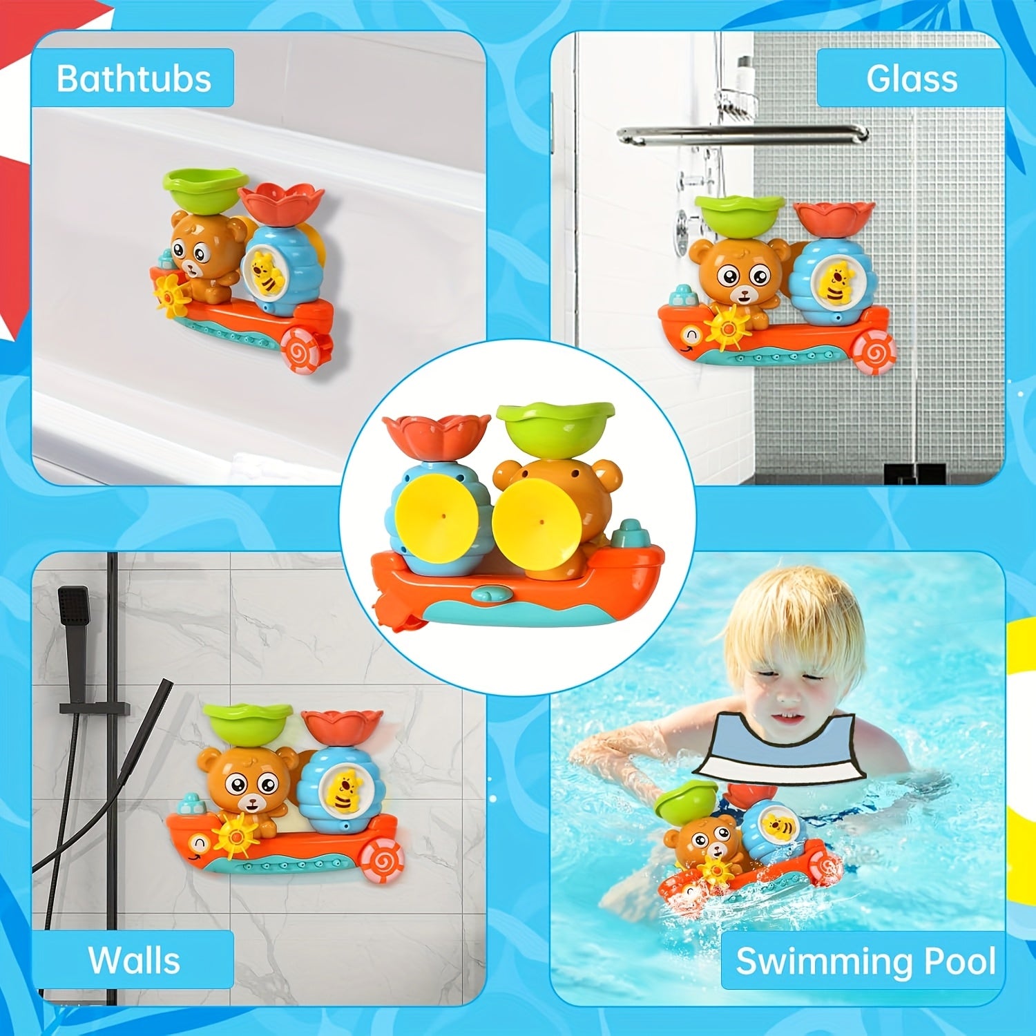 Bear Boat Bath Toy for Toddlers with Suction Cups