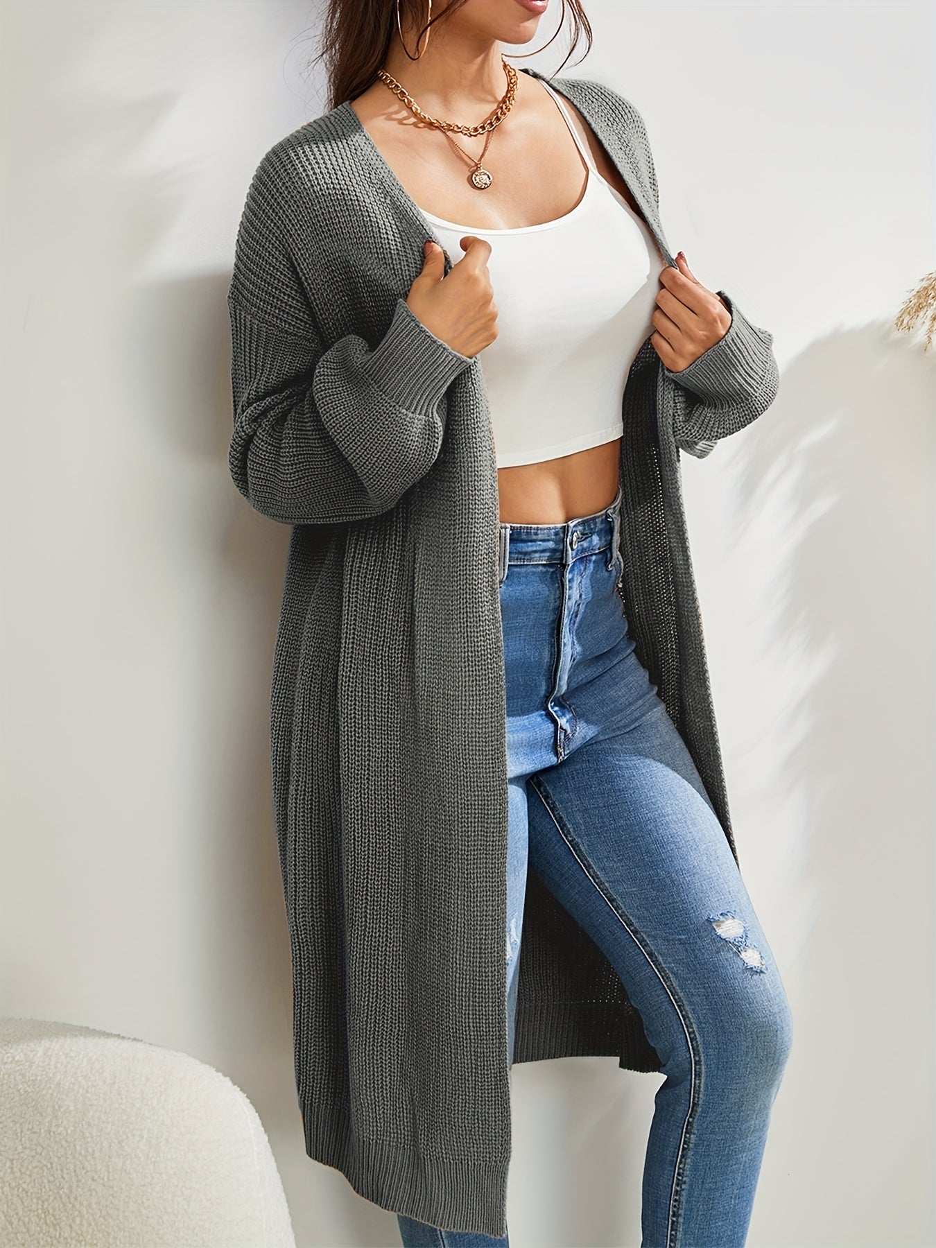 Long Length Knit Cardigan Open Front Sweater Women's Clothing
