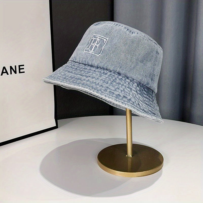 Embroidery Denim Bucket Hat Washed Distressed Vintage Basin Hat