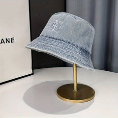 Embroidery Denim Bucket Hat Washed Distressed Vintage Basin Hat