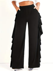  Ruffle Trim Wide Leg Pants with Pockets