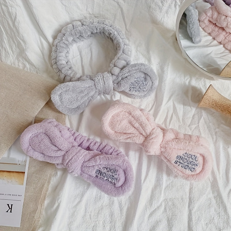 Soft Plush Bowknot Headband Elastic Headband for Spa Makeup