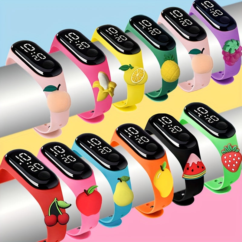 12pcs LED Digital Watch Set Fruit Pattern Soft Strap 24 Hour Display