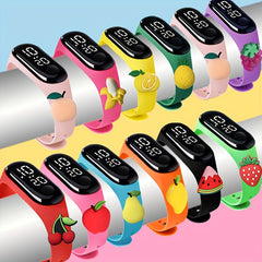 12pcs LED Digital Watch Set Fruit Pattern Soft Strap 24 Hour Display