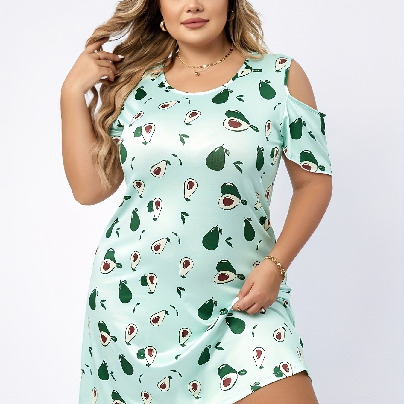  Avocado Cold Shoulder Nightdress Round Neck Sleep Dress