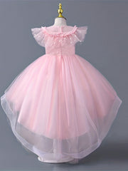 Girls Flowers Embroidery High Low Party Dress