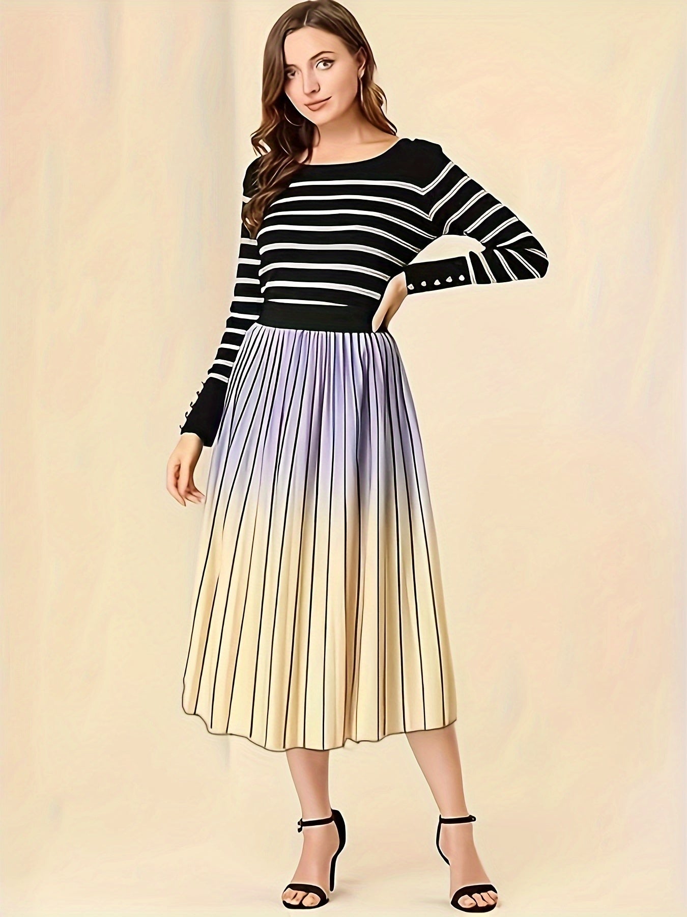  Ombre Print Elastic Waisted Pleated A line Skirt