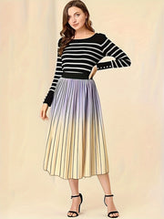  Ombre Print Elastic Waisted Pleated A line Skirt