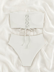 Rib Knit Bikini Set Bandeau Tube Top Tie Back High Cut Swimsuit