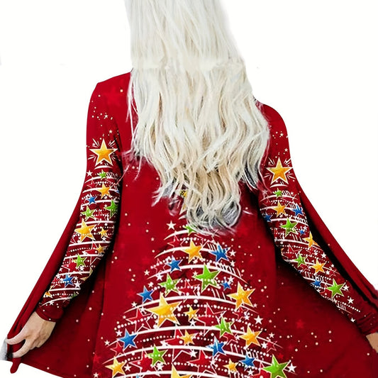  Christmas Cardigan Women's Tree Print Open Front