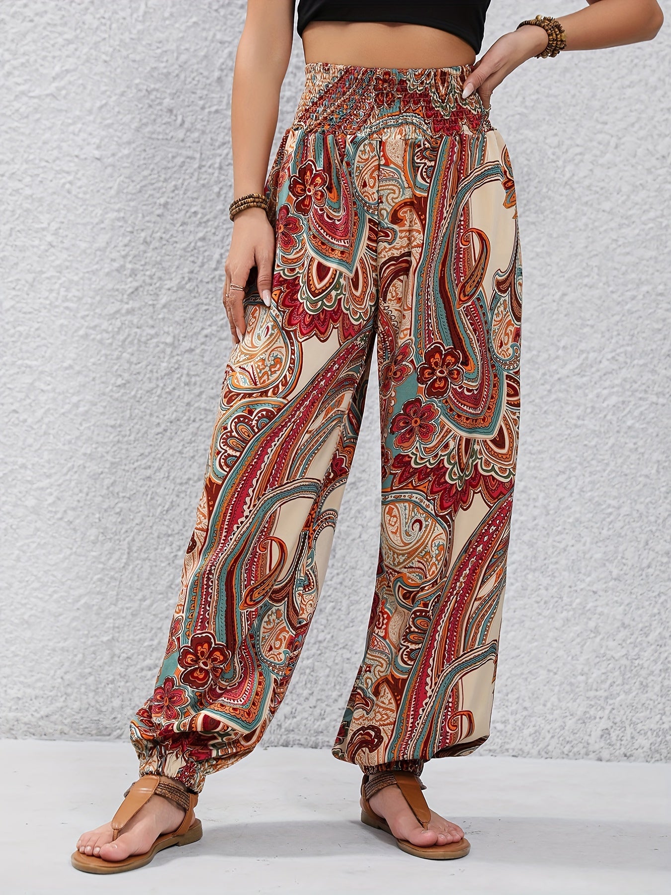 Paisley Print Shirred Waist Pants Boho Long Length Jogger Pants