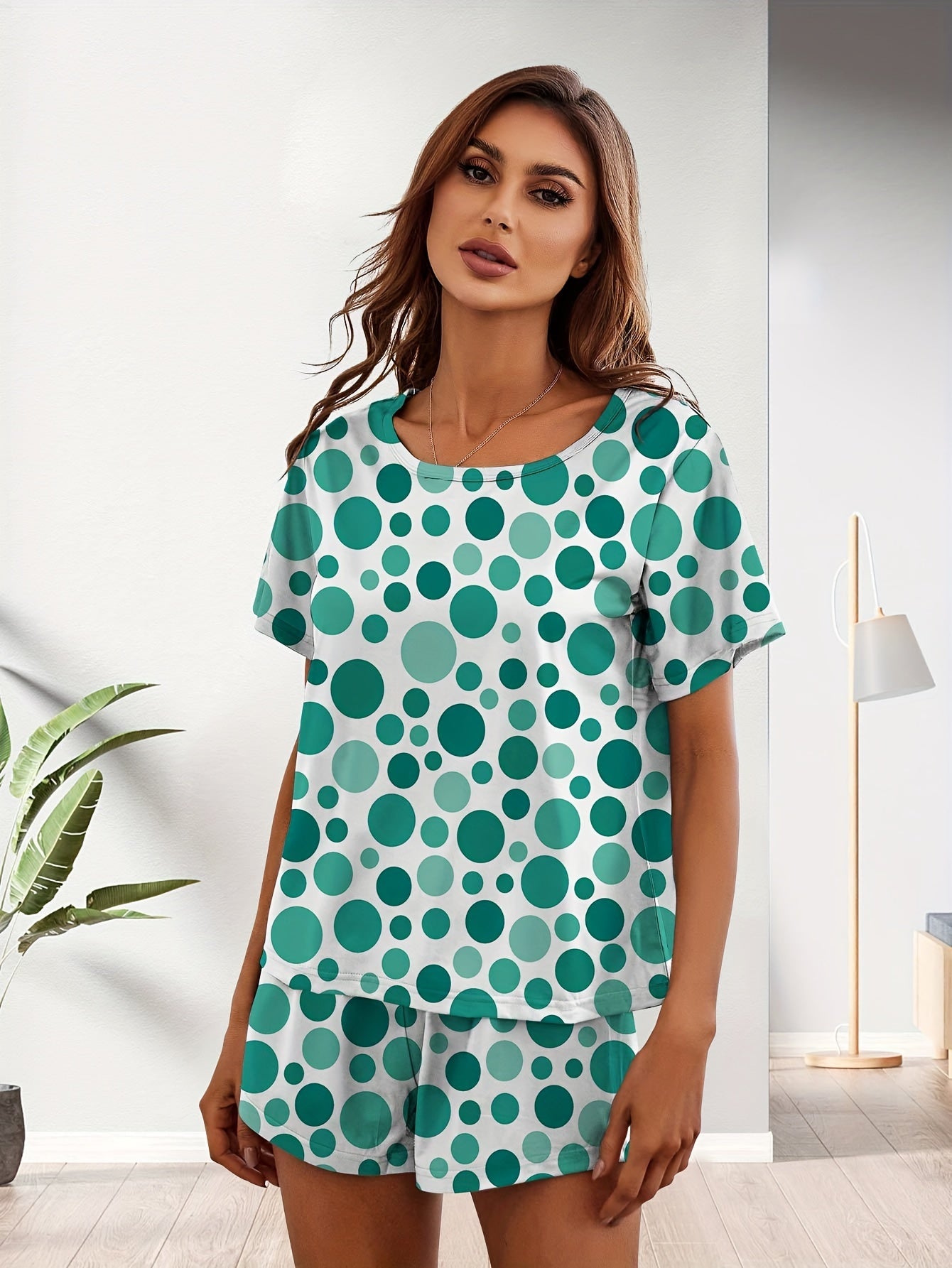 Polka Dot Print Pajamas Set Short Sleeve Crew Neck Top & Shorts