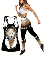  Sports Outfits Set Women's Plus Panting Print Racer Back Tank & Leggin