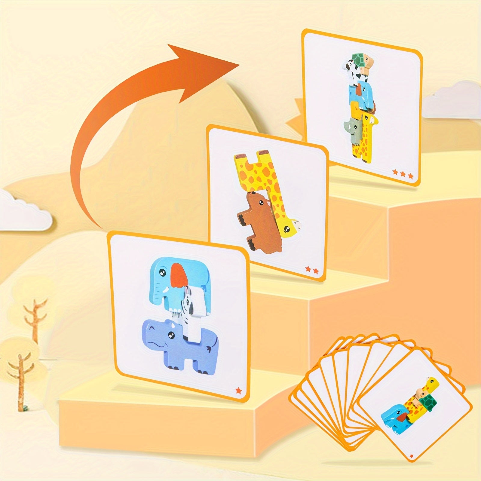 Wooden Animal Sorting & Stacking Blocks Game w/10 Challenge Cards