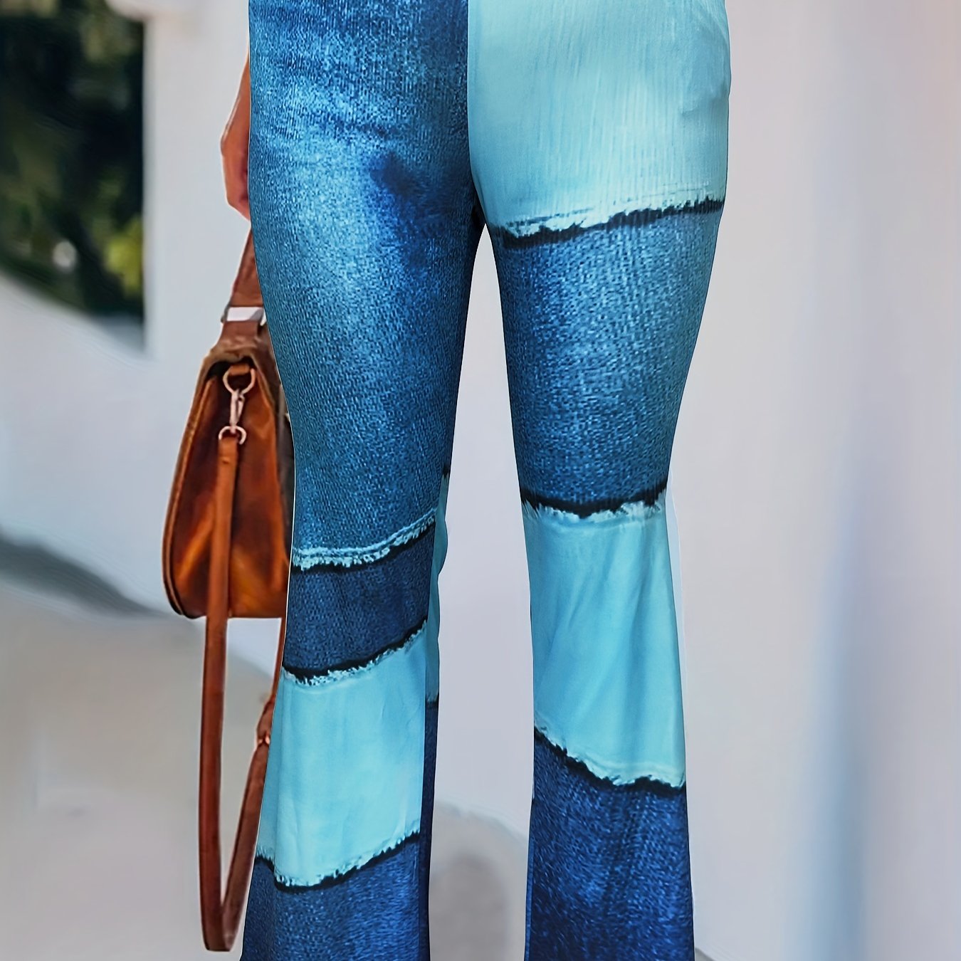  Colorblock Denim Print Flared Leggings