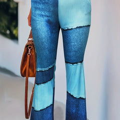  Colorblock Denim Print Flared Leggings